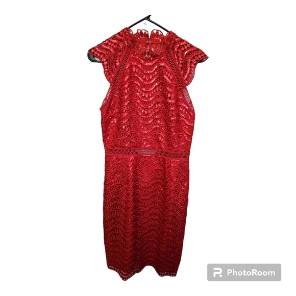 Saylor Anthropologie Large Ciara Sequined Scallop Lace Open-Back Dress in Red - Picture 2 of 9